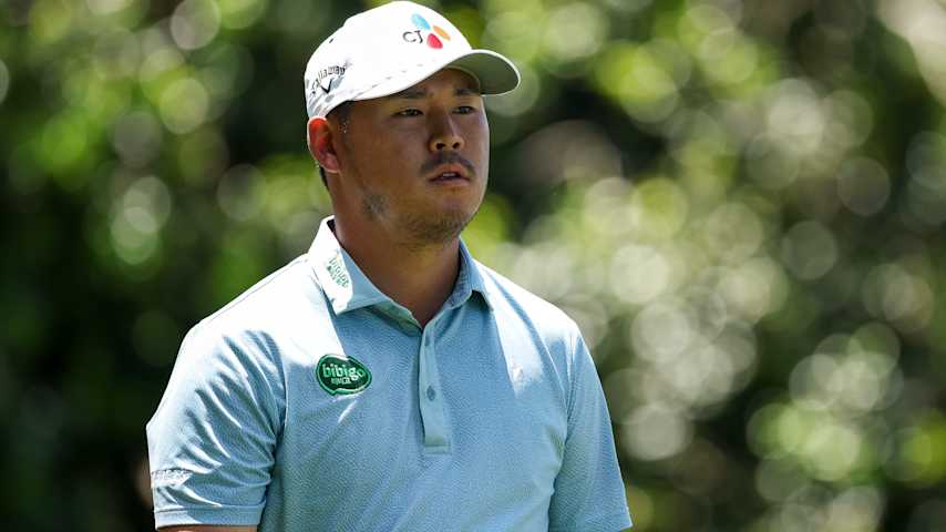 Si Woo Kim of South Korea looks on while playing the 14th hole during the second round of the Truist Championship 2026 at Quail Hollow Country Club on May 08, 2026 in Charlotte, North Carolina. (Andrew Redington/Getty Images)