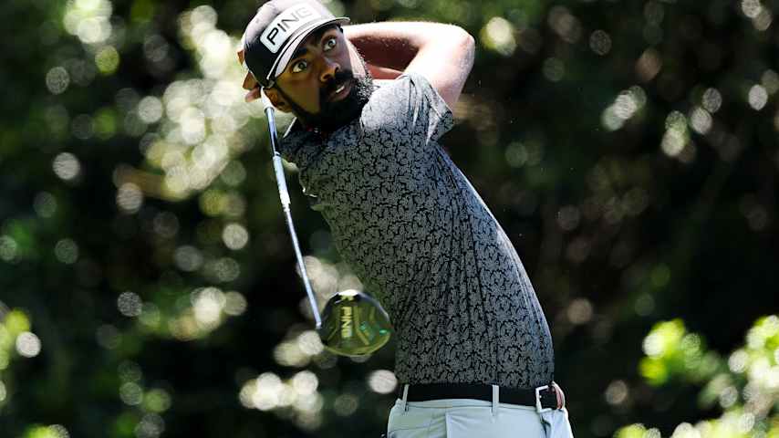 Sahith Theegala hits a tee shot on the 14th hole during the second round of the Truist Championship 2026 at Quail Hollow Country Club on May 08, 2026 in Charlotte, North Carolina. (Andrew Redington/Getty Images)