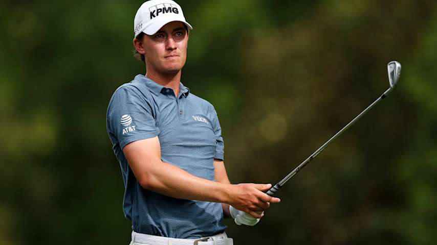 Maverick McNealy watches a tee shot on the sixth hole during the second round of the Truist Championship 2026 at Quail Hollow Country Club on May 08, 2026 in Charlotte, North Carolina. (Andrew Redington/Getty Images)