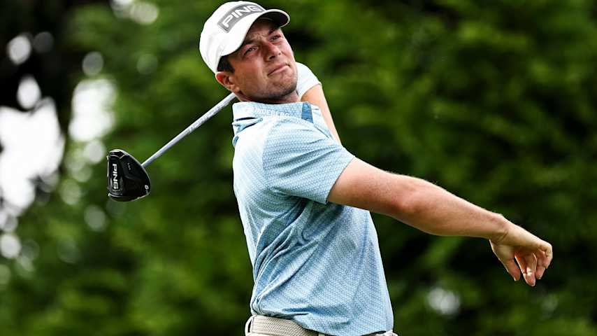 Viktor Hovland of Norway reacts to a tee shot on the 16th hole during the second round of the Truist Championship 2026 at Quail Hollow Country Club on May 08, 2026 in Charlotte, North Carolina. (Jared C. Tilton/Getty Images)