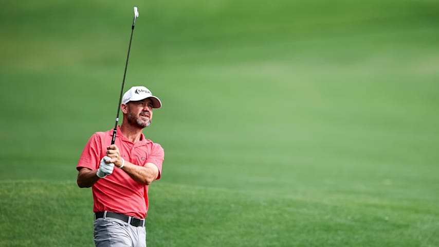 Brian Harman hits an approach shot on the 18th hole during the second round of the Truist Championship 2026 at Quail Hollow Country Club on May 08, 2026 in Charlotte, North Carolina. (Jared C. Tilton/Getty Images)