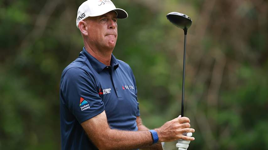 Stewart Cink looks on after playing a shot from the fifth tee during the first round of the Insperity Invitational 2026 at The Woodlands Golf Club on May 08, 2026 in The Woodlands, Texas. (Kenneth Richmond/Getty Images)