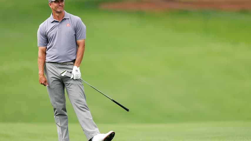 Adam Scott of Australia reacts to an approach shot on the ninth hole during the third round of the Truist Championship 2026 at Quail Hollow Country Club on May 09, 2026 in Charlotte, North Carolina. (Andrew Redington/Getty Images)