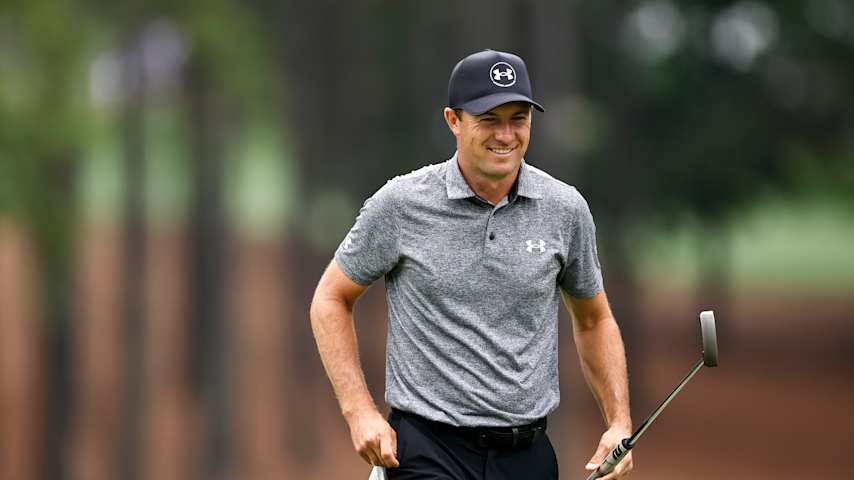 Jordan Spieth reacts while playing the second hole during the third round of the Truist Championship 2026 at Quail Hollow Country Club on May 09, 2026 in Charlotte, North Carolina. (Jared C. Tilton/Getty Images)