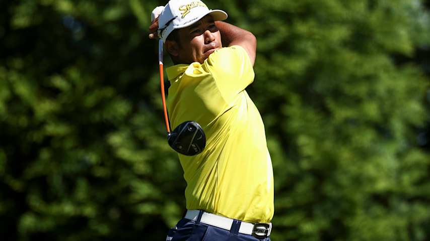 Hideki Matsuyama of Japan hits a tee shot on the 16th hole during the final round of the Truist Championship 2026 at Quail Hollow Country Club on May 10, 2026 in Charlotte, North Carolina. (Jared C. Tilton/Getty Images)