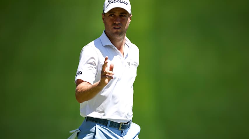 Justin Thomas reacts after making a birdie on the sixth hole during the final round of the Truist Championship 2026 at Quail Hollow Country Club on May 10, 2026 in Charlotte, North Carolina. (Jared C. Tilton/Getty Images)