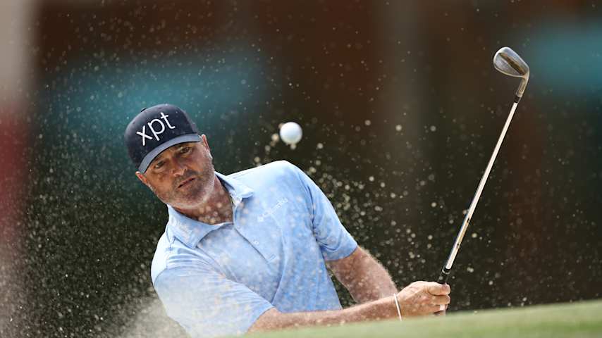 Ryan Palmer of the United States plays a shot from a bunker on the 15th hole during the first round of the Wyndham Championship 2025 at Sedgefield Country Club on July 31, 2025 in Greensboro, North Carolina. (Jared C. Tilton/Getty Images)