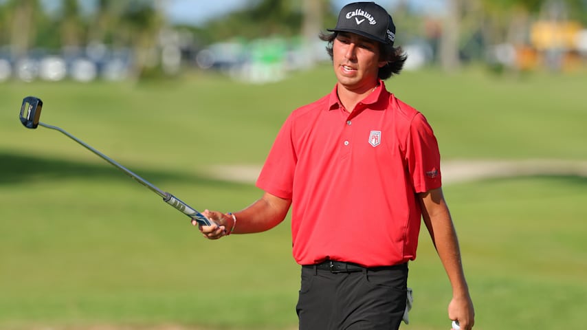 Amateur Reinaldo Simoni of Puerto Rico reacts after making birdie on the 11th green during the second round of the Puerto Rico Open 2025 at Grand Reserve Golf Club on March 07, 2025 in Rio Grande, Puerto Rico. (Kevin C. Cox/Getty Images)