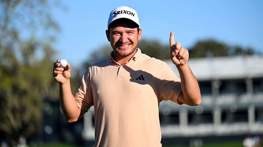 Alejandro Tosti of Argentina reacts after making a hole-in-one on the 17th hole prior to THE PLAYERS Championship 2025 at TPC Sawgrass on March 12, 2025 in Ponte Vedra Beach, Florida. (Keyur Khamar/PGA TOUR via Getty Images)