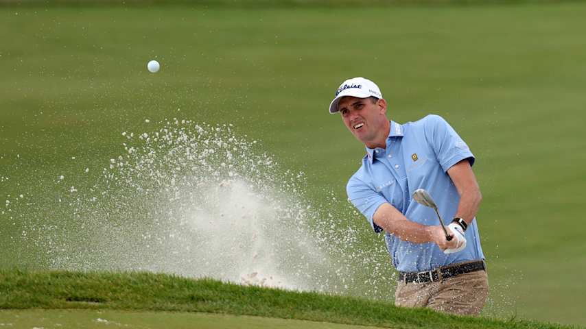 Chesson Hadley of the United States plays a shot from a bunker on the 12th hole during the first round of the Bank of Utah Championship 2025 at Black Desert Resort on October 23, 2025 in St George, Utah. (Mike Mulholland/Getty Images)