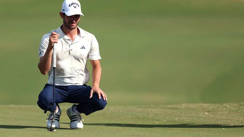Noah Goodwin of the United States lines up a putt on the seventh green during the final round of the Butterfield Bermuda Championship 2025 at Port Royal Golf Course on November 16, 2025 in Southampton, Bermuda. (Mike Mulholland/Getty Images)