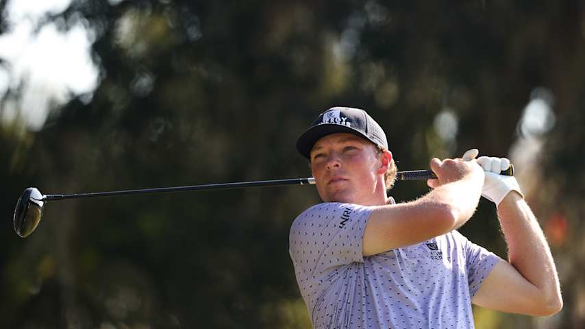 Frankie Capan III of the United States plays his shot from the fifth tee during the first round of The RSM Classic 2025 at Sea Island Resort Plantation Course on November 20, 2025 in St Simons Island, Georgia. (Mike Mulholland/Getty Images)
