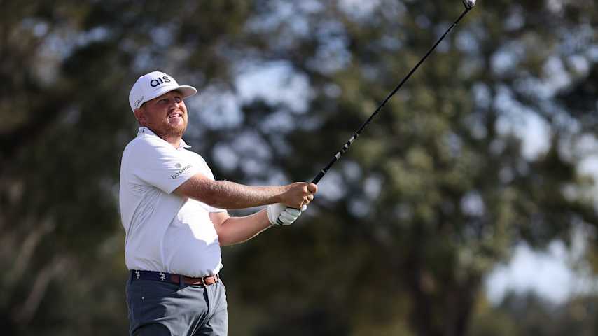 Zac Blair of the United States plays his shot from the 17th tee during the third round of The RSM Classic 2025 at Sea Island Resort on November 22, 2025 in St Simons Island, Georgia. (Mike Mulholland/Getty Images)
