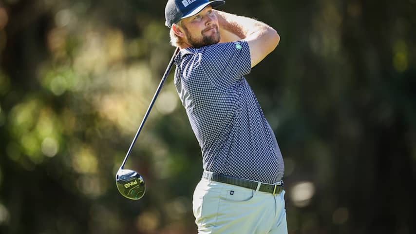 Trey Mullinax plays a shot from the 8th tee during the first round of PGA TOUR Q-School presented by Korn Ferry on the Dye's Valley Course at TPC Sawgrass on December 11, 2025 in Ponte Vedra Beach, Florida. (James Gilbert/Getty Images)
