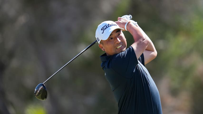 Doug Ghim watches his tee shot on the first hole during the third round of  Sony Open in Hawaii at Waialae Country Club on January 17, 2026 in Honolulu, Hawaii. (Tracy Wilcox/PGA TOUR via Getty Images)