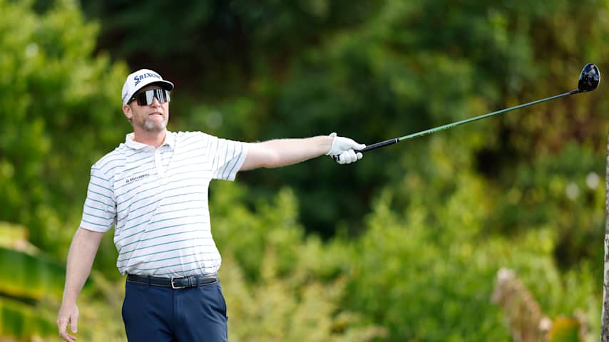 Ryan Brehm of the United States reacts after his shot from the fourth tee during the final round of The Bahamas Golf Classic at Atlantis Paradise Island 2026 at Ocean Club Golf Course on January 14, 2026 in Paradise Island, Bahamas. (Johnnie Izquierdo/Getty Images)