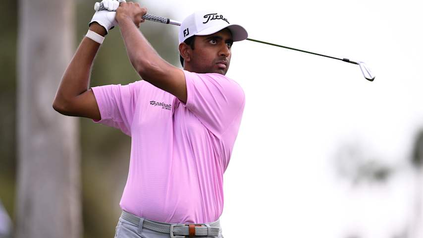 Sudarshan Yellamaraju of Canada plays his shot from the ninth tee during the third round of The American Express 2026 at Nicklaus Tournament Course on January 24, 2026 in La Quinta, California. (Orlando Ramirez/Getty Images)