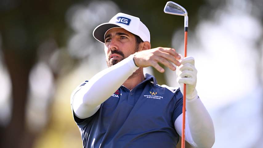 Matthieu Pavon of France follows his shot on the sixth tee during the final round of The American Express 2026 at Pete Dye Stadium Course on January 25, 2026 in La Quinta, California. (Orlando Ramirez/Getty Images)