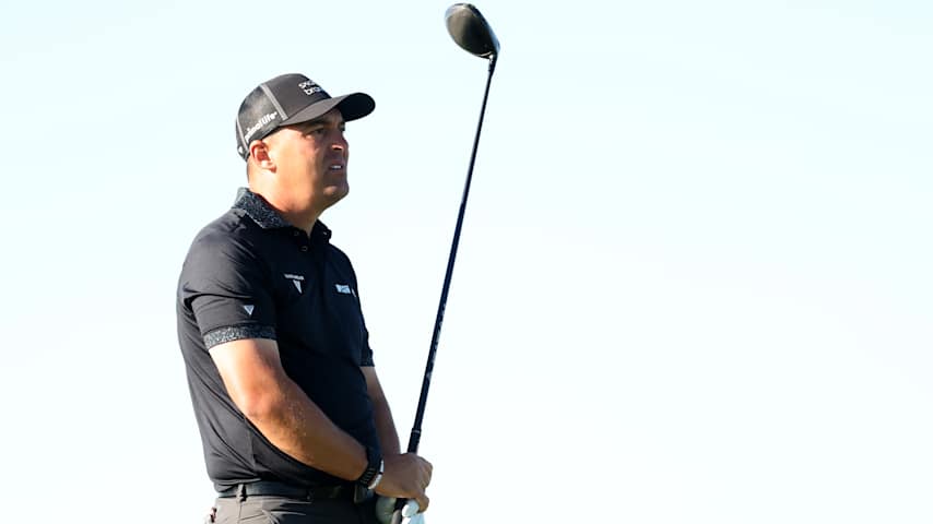 Justin Lower of the United States plays his shot from the fourth tee during the final round of the Farmers Insurance Open 2026 at Torrey Pines South Course on February 01, 2026 in La Jolla, California. (Stacy Revere/Getty Images)