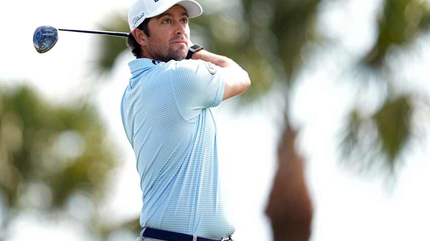 Davis Riley of the United States plays his shot from the fourth tee during the first round of the Cognizant Classic 2026 at PGA National Resort And Spa on February 26, 2026 in Palm Beach Gardens, Florida. (Raj Mehta/Getty Images)