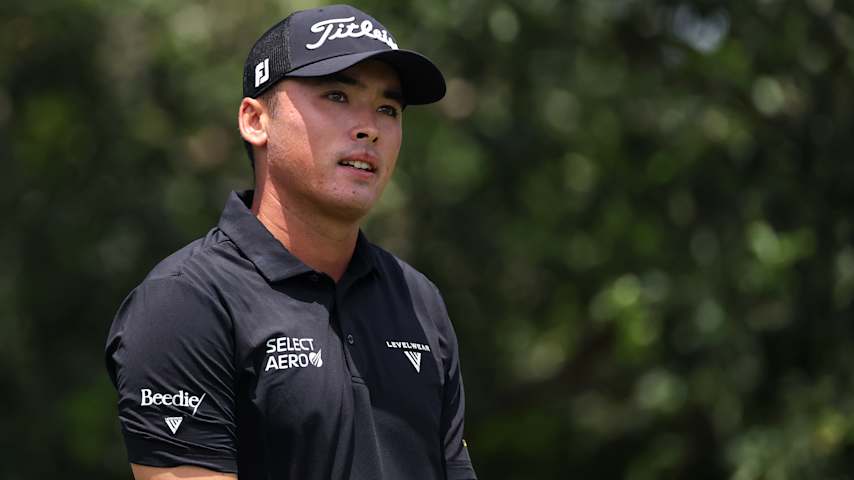 A.J. Ewart of Canada watches his shot from the ninth tee during the third round of the Charles Schwab Challenge 2026 at Colonial Country Club on May 30, 2026 in Fort Worth, Texas. (Stacy Revere/Getty Images)