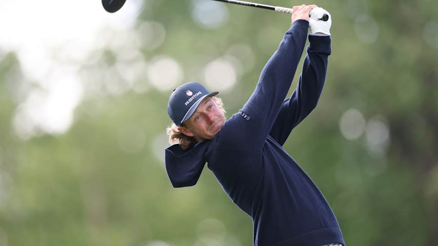 Austin Smotherman of the United States plays his shot from the second tee during the second round of the PGA Championship at Aronimink Golf Club on May 15, 2026 in Newtown, Pennsylvania. (Carl Recine/Getty Images)