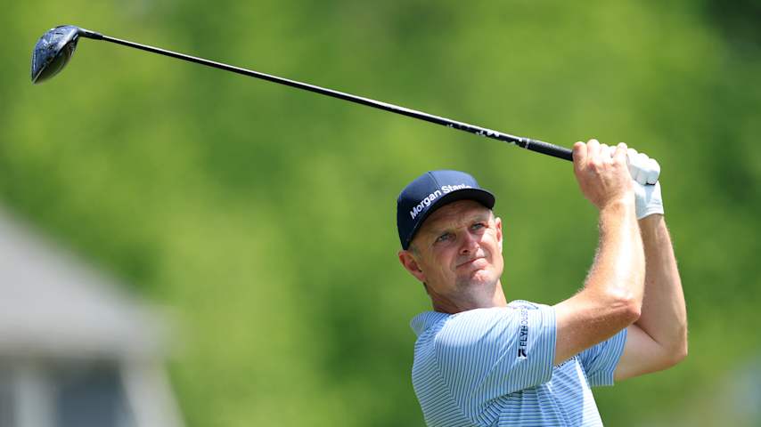 Justin Rose of England tees off on the 2nd hole during the final round of the PGA Championship at Aronimink Golf Club on May 17, 2026 in Newtown, Pennsylvania. (David Cannon/Getty Images)