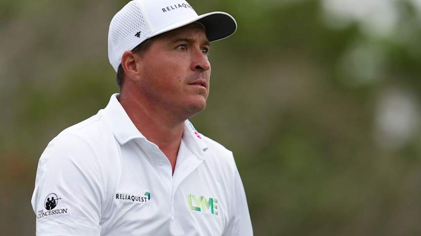 Kevin Roy of the United States reacts after his shot plays his shot from the fourth tee during the third round of the Valero Texas Open 2026 at TPC San Antonio on April 04, 2026 in San Antonio, Texas. (Dylan Buell/Getty Images)