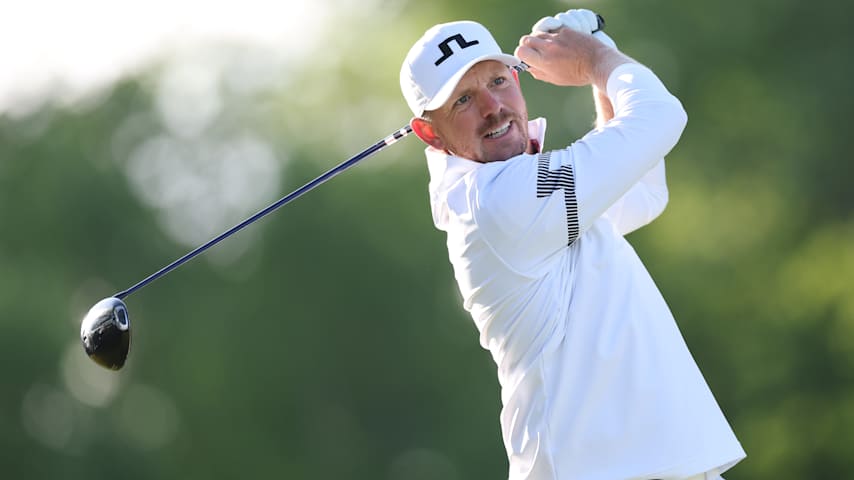 Matt Wallace of England plays his shot from the second tee during the second round of the PGA Championship at Aronimink Golf Club on May 15, 2026 in Newtown, Pennsylvania. (Carl Recine/Getty Images)