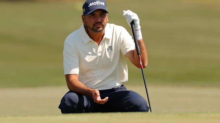 Jason Day of Australia lines up a putt on the first green during the final round of the Texas Children's Houston Open 2026 at Memorial Park Golf Course on March 29, 2026 in Houston, Texas. (Jordan Bank/Getty Images)