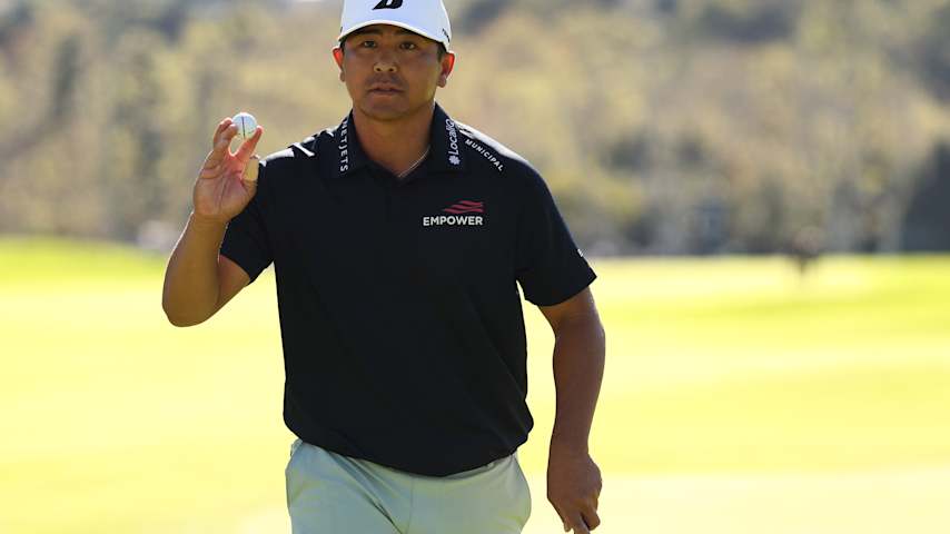 Kurt Kitayama of the United States reacts to his birdie putt on the 17th green during the final round of The Genesis Invitational 2026 at Riviera Country Club on February 22, 2026 in Pacific Palisades, California. (Mike Mulholland/Getty Images)