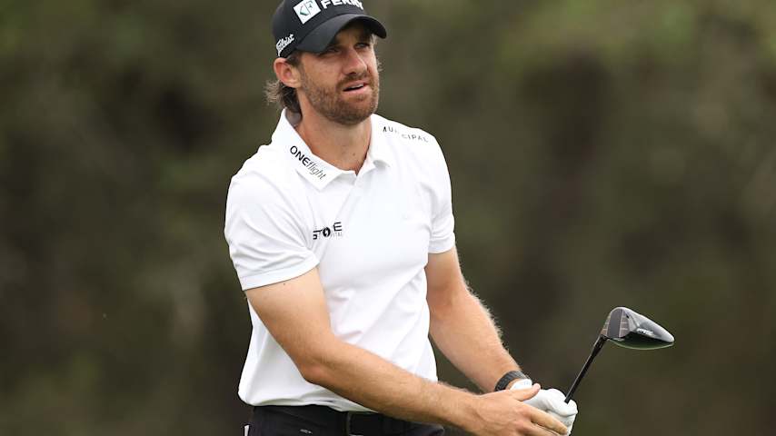 Patrick Rodgers of the United States plays his shot from the second tee during the second round of the Valero Texas Open 2026 at TPC San Antonio on April 03, 2026 in San Antonio, Texas. (Stacy Revere/Getty Images)