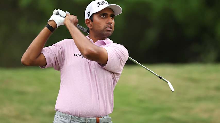 Sudarshan Yellamaraju of Canada plays his shot from the 13th tee during the third round of the Valero Texas Open 2026 at TPC San Antonio on April 04, 2026 in San Antonio, Texas. (Stacy Revere/Getty Images)
