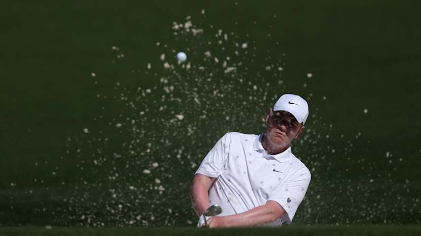 Robert MacIntyre of Scotland plays a shot from a bunker on the second hole during the second round of the 2026 Masters Tournament at Augusta National Golf Club on April 10, 2026 in Augusta, Georgia. (Andrew Redington/Getty Images)