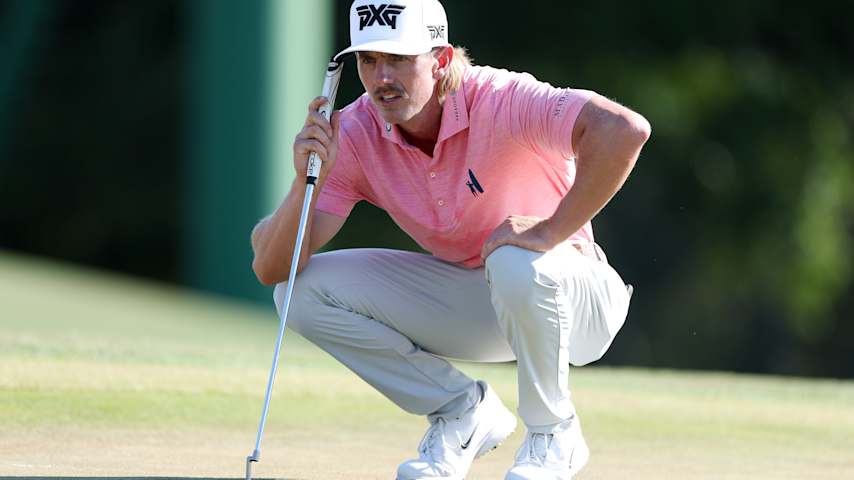 Jake Knapp of the United States lines up a putt on the 18th green during the third round of the 2026 Masters Tournament at Augusta National Golf Club on April 11, 2026 in Augusta, Georgia. (Andrew Redington/Getty Images)