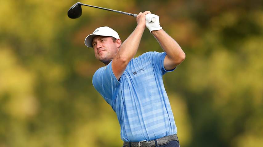 Zach Bauchou of the United States plays his shot from the 14th fairway during the final round of the Simmons Bank Open for the Snedeker Foundation 2025 at Vanderbilt Legends Club on September 14, 2025 in Franklin, Tennessee. (Johnnie Izquierdo/Getty Images)