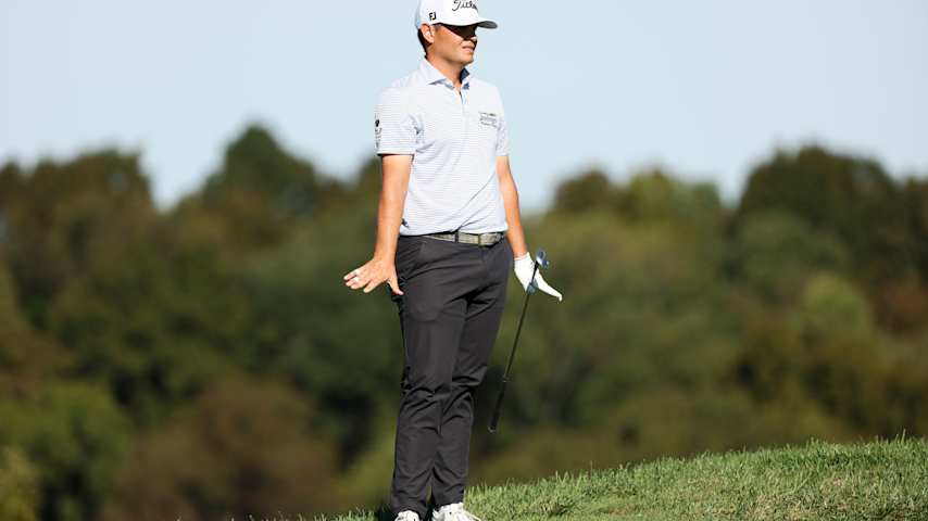 John VanderLaan of the United States reacts to a chip shot on the sixth hole during the second round of the Korn Ferry Tour Championship presented by United Leasing & Finance 2025 at French Lick Golf Resort on October 10, 2025 in French Lick, Indiana. (Mike Mulholland/Getty Images)