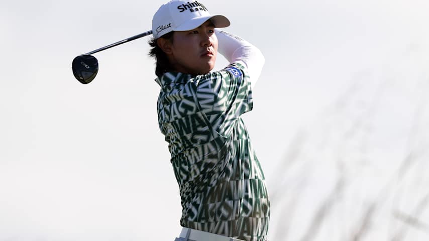 S.H. Kim of South Korea hits a tee shot on the 15th hole during the third round of the Korn Ferry Tour Championship presented by United Leasing & Finance 2025 at French Lick Golf Resort on October 11, 2025 in French Lick, Indiana. (Mike Mulholland/Getty Images)