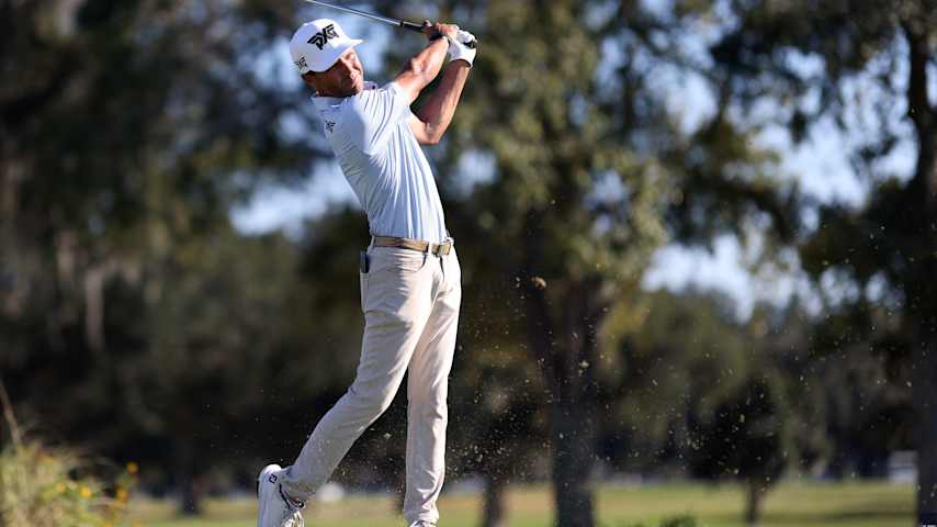 Eric Cole of the United States plays his shot from the 17th tee during the final round of The RSM Classic 2025 at Sea Island Resort on November 23, 2025 in St Simons Island, Georgia. (Mike Mulholland/Getty Images)