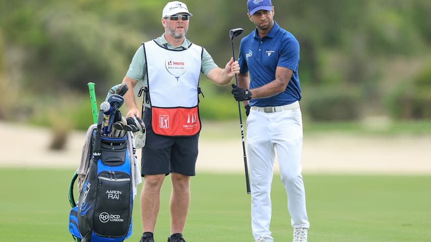Aaron Rai of England plays his second shot on the third hole during the final round of the Hero World Challenge 2025 at Albany Golf Course on December 07, 2025 in Nassau, Bahamas. (David Cannon/Getty Images)