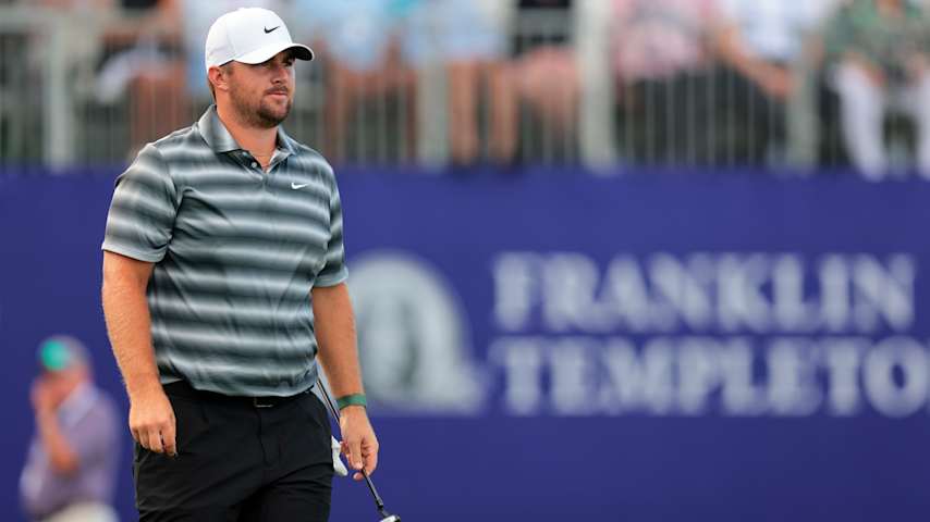 Chris Gotterup of the United States looks on while playing the 18th hole during the final round of the Grant Thornton Invitational 2025 at Tiburon Golf Club on December 14, 2025 in Naples, Florida. (Sam Navarro/Getty Images)