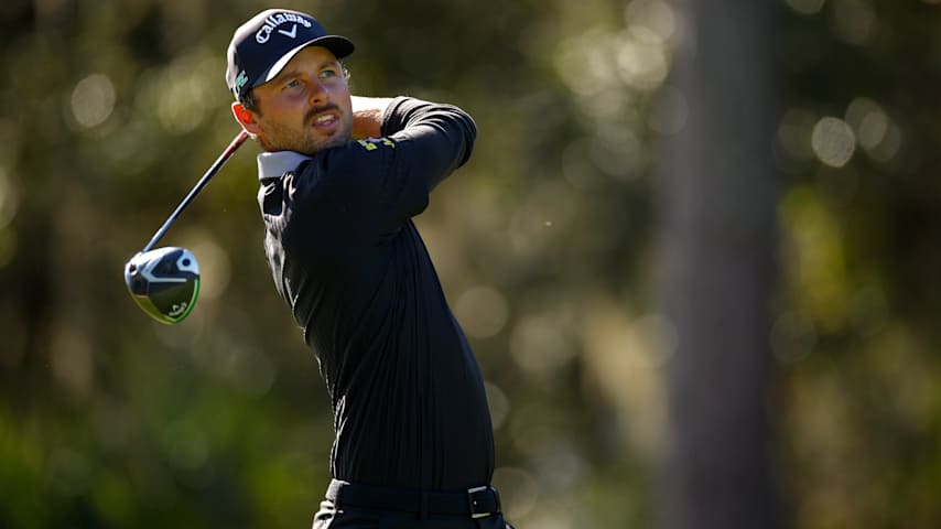 Adam Svensson of Canada hits his tee shot on the eighth hole during the final round of PGA TOUR Q-School presented by Korn Ferry on the Dye's Valley Course at TPC Sawgrass on December 14, 2025 in Ponte Vedra Beach, Florida. (Mike Ehrmann/Getty Images)