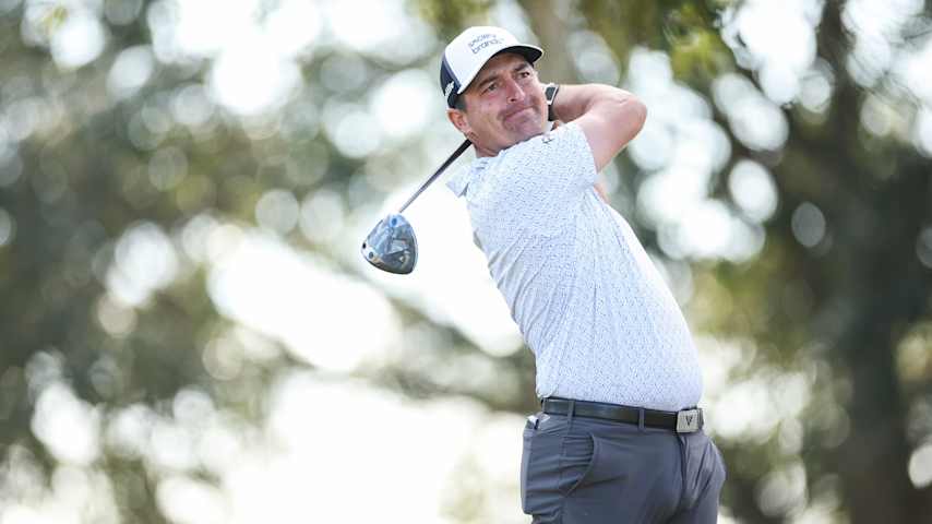 Justin Lower plays a shot from the 11th tee during the third round of PGA TOUR Q-School presented by Korn Ferry on the Dye's Valley Course at TPC Sawgrass on December 13, 2025 in Ponte Vedra Beach, Florida. (James Gilbert/Getty Images)