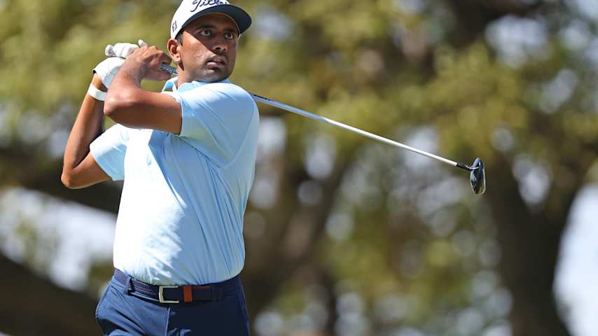 Sudarshan Yellamaraju of Canada plays his shot from the second tee during the third round of the Sony Open in Hawaii 2026 at Waialae Country Club on January 17, 2026 in Honolulu, Hawaii. (Mike Mulholland/Getty Images)