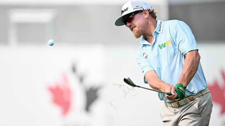 Charley Hoffman of the United States chips on the ninth green during the first round of the RBC Canadian Open 2025 at TPC Toronto at Osprey Valley on June 05, 2025 in Caledon, Ontario. (Minas Panagiotakis/Getty Images)