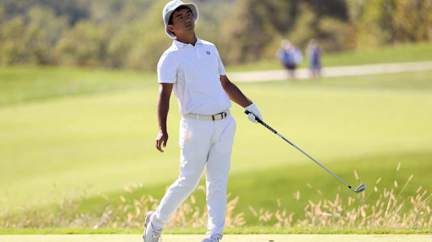 Zecheng Dou of China reacts to a tee shot on the fourth hole during the third round of the Korn Ferry Tour Championship presented by United Leasing & Finance 2025 at French Lick Golf Resort on October 11, 2025 in French Lick, Indiana. (Mike Mulholland/Getty Images)