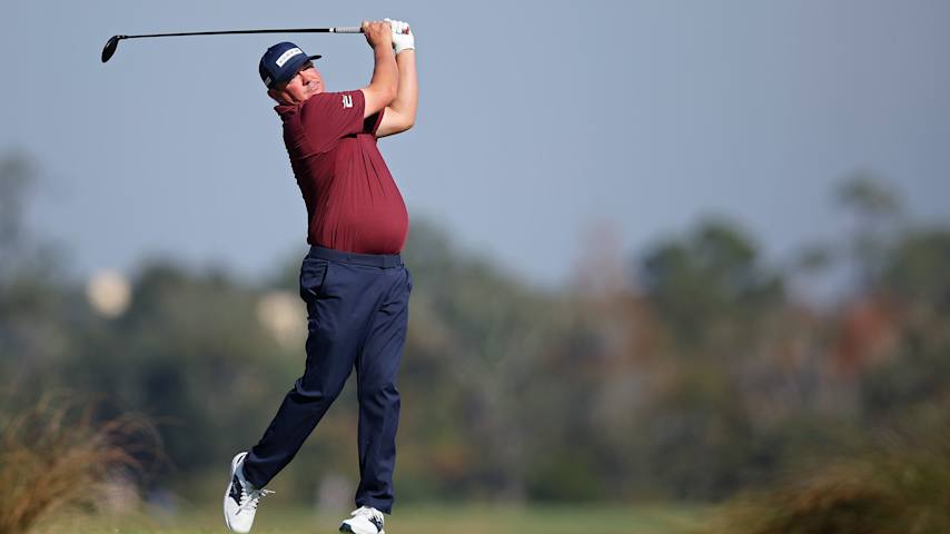Jason Dufner of the United States plays his shot from the eighth tee during the first round of The RSM Classic 2025 at Sea Island Resort Seaside Course on November 20, 2025 in St Simons Island, Georgia. (Jonathan Bachman/Getty Images)