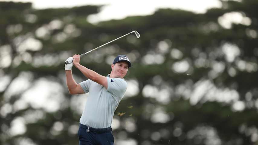 Matt McCarty of the United States plays his second shot on the 14th hole on day two of the Crown Australian Open 2025 at The Royal Melbourne Golf Club on December 05, 2025 in Melbourne, Australia. (Morgan Hancock/Getty Images)