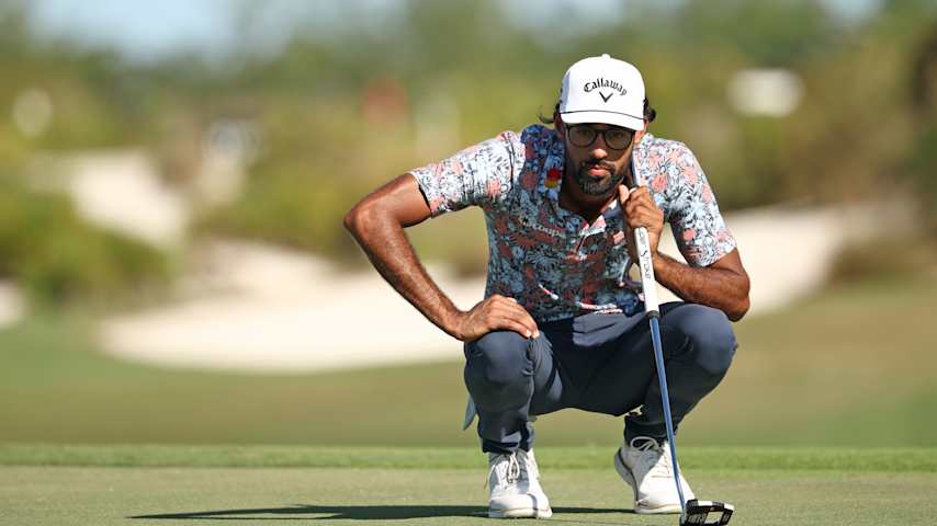 Akshay Bhatia of the United States lines up a putt on the seventh green during the third round of the Hero World Challenge 2025 at Albany Golf Course on December 06, 2025 in Nassau, Bahamas. (Jared C. Tilton/Getty Images)