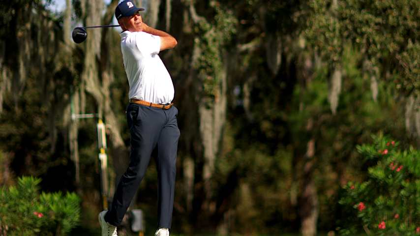 Matt Kuchar hits his tee shot on the second hole during the final round of the PNC Championship 2025 at Ritz-Carlton Golf Club on December 21, 2025 in Orlando, Florida. (Mike Ehrmann/Getty Images)